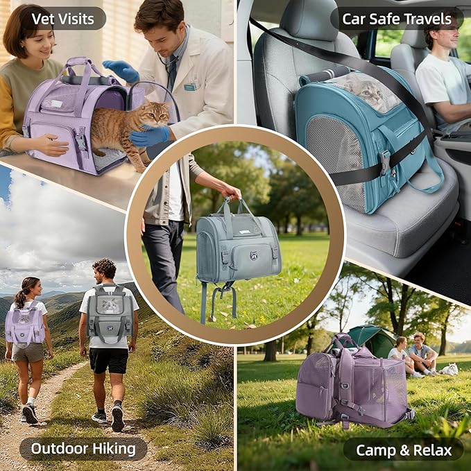 Lollimeow Expandable Cat Carrier Backpack for Large Cats - Airline Approved Pet Carrier Backpack for Small Dogs, Hiking & Travel, Waterproof with Breathable Mesh, 22lbs Capacity (Polar Blue, Large)