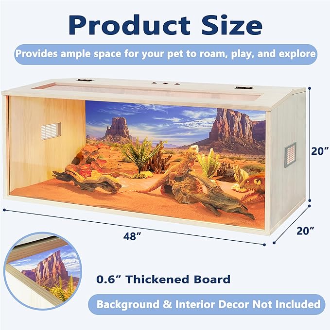 PROLEE Tempered Glass Bearded Dragon Tank,Wooden Reptile Tank and Lizard Tank, Large Bearded Dragon Enclosure with Built-in Lamp Fixture, Snake Tank (Wooden-Topped roof, 48inch,80 Gallons)