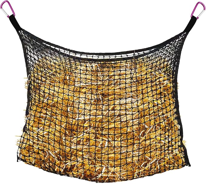Bloomoak Knotless Slow Feed Hay Net with 4 Carabiner Clips for Horses/Open Top Hanging Hay Bag with Large Capacity for Full Day Feeding/Trailer (1.2" Hole for Ultra Slow Feed, M 35 * 31")…