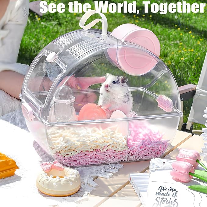 Small Portable Hamster Cages,13×8.2×10.8 Inch Hamster Carrier with Water Bottle,Dwarf Hamster Travel Cage with Storage Box,360º Transparent Acrylic Pet Travel Carrier Cage,Outdoor Animals Carry(Pink)