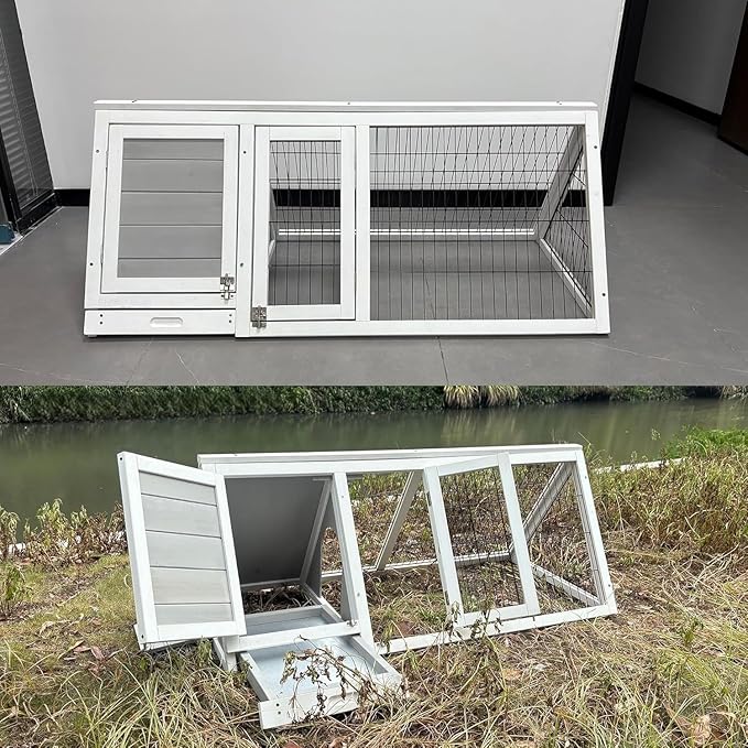 Chicken Coop for 2 Chickens Small Rabbit Hutch Quail Coop Wooden Bunny Cages Outdoor Chicken House w/Ventilating Wire (Wood) (Grey)