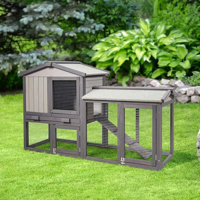 Tangkula Rabbit Hutch Indoor and Outdoor, 58-Inch Bunny Cage with Removable Tray & Ramp, Wood Chicken Coop with Waterproof Roof for Rabbits, Chicken and Guinea Pigs (Gray)