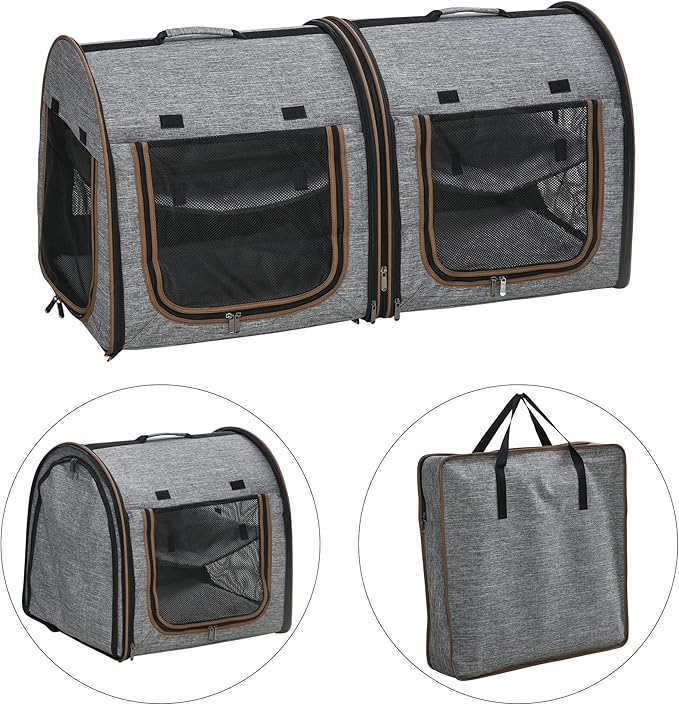 PawHut 39" Portable Soft-Sided Cat Carrier, Cat Kennel, Travel Dog Crate with Divider, Two Compartments, Soft Cushions & Storage Bag, Easy to Fold, Light Gray