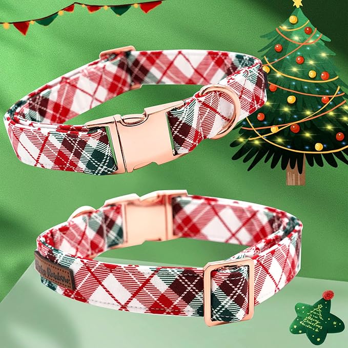 Dog Collar, Christmas Dog Collar Plaid Pet Collar Bow Holiday Bows Girl Boy Puppy Collar Adjustable Pet Collar for X-Large Dogs