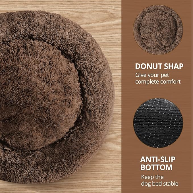 JOLLYVOGUE Calming Dog & Cat Bed for Small Dogs, Anti-Anxiety Donut Cuddler Cozy Soft Round Bed with Anti-Slip Bottom, Fluffy Faux Fur Plush Cushion Beds for Small Medium Dogs (23")