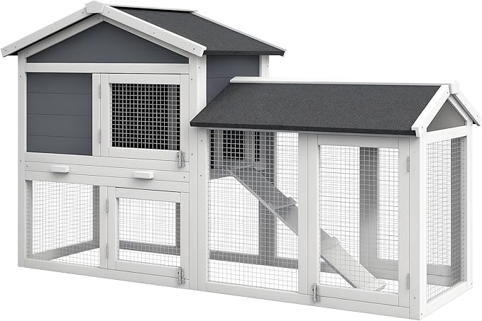 PawHut 58" Large Rabbit Hutch Outdoor Indoor, Wooden Bunny Hutch, Guinea Pig Cage with Run, Removable Tray, Asphalt Roof, Lockable Doors and Ramp, for 1-2 Small Rabbits, Gray
