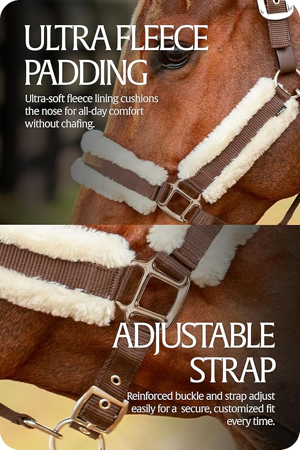 Equinavia Valkyrie Ultra Fleece Breakaway Horse Halter | Padded Fleece Adjustable Safety Halter with Nylon Webbing - Brown/Ivory White - Cob
