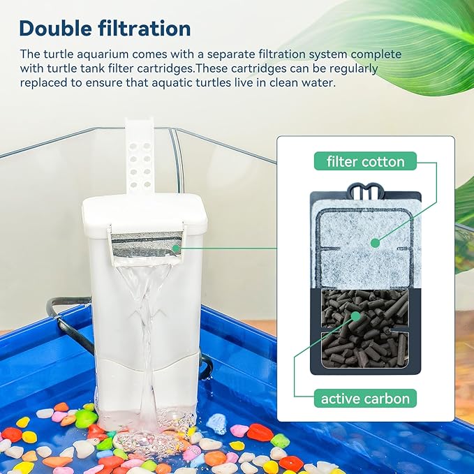 Aquatic Turtle Tank Habitat Kit Stone+Filter+Heat Lamp Enhancing Interaction with 360° Viewing, Standalone Filtration, DIY Creative Zone, Enriched Living (Blue, X-Large[with Light])
