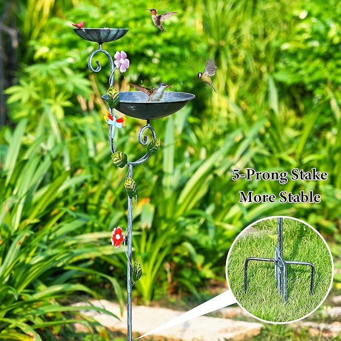 Bird Baths, 58" Tall Bird Bath and Feeder Stake, Standing Bird Baths for Outdoors, Metal Decorative Birdbaths and Feeders Combo for The Garden, 2 in 1 Outside Birdbath with 5-Prong Stake
