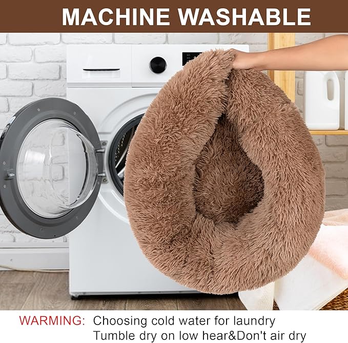 Dog Calming Beds for Small Medium Large Dogs - Round Donut Washable Puppy Dog Bed, Anti-Slip Faux Fur Fluffy Donut Cuddle Anxiety Cat Pet Bed(16'' Khaki