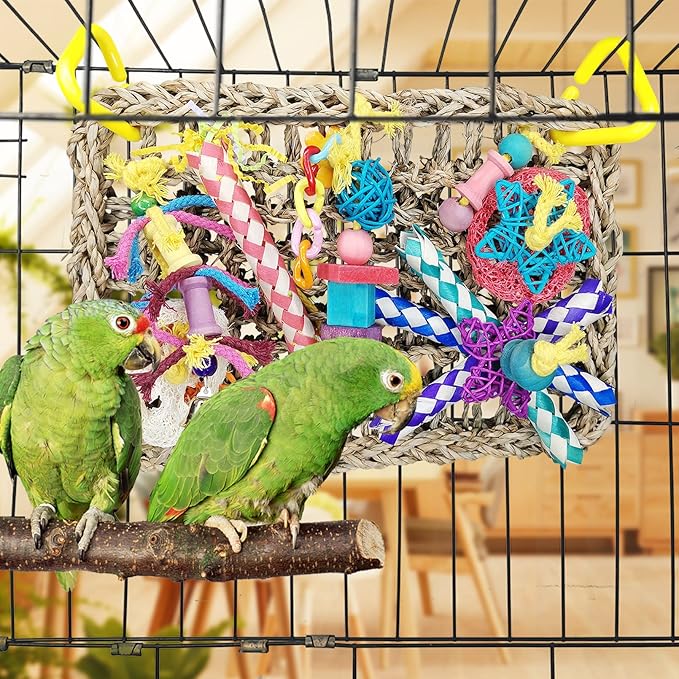 Fhiny Bird Foraging Toys, Parrot Chew Toys Seagrass Climbing Hammock Mat with Shredder Papers Wood Blocks Chewing Toys Suitable for Budgies Parakeets Love Birds
