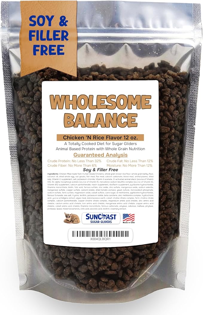 Wholesome Balance Food - Complete Nutrition with High Animal Protein, Calcium, Vitamins & Minerals, Premium Dense Food for Sugar Gliders & Small Animals - Chicken & Rice, 12 oz