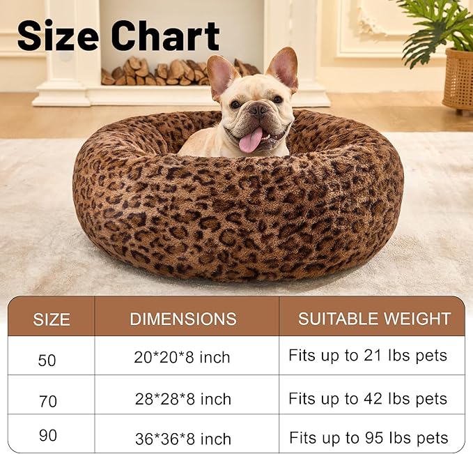 Dog Calming Beds for Small Medium Large Dogs - Round Donut Washable Puppy Dog Bed, Anti-Slip Faux Fur Fluffy Donut Cuddle Anxiety Cat Pet Bed (24" Leopard Print)