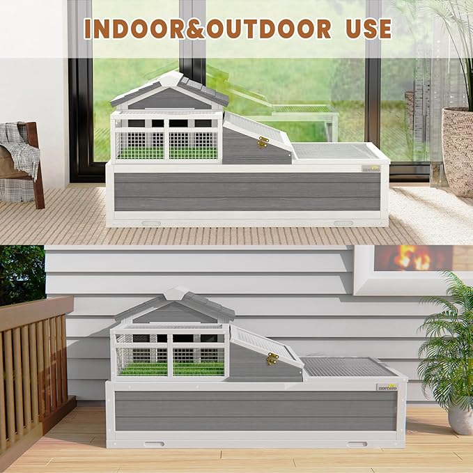 3-Room Large Tortoise Habitat with Pull-Out Tray, Wooden Reptile Enclosure Indoor & Outdoor with Ramp, Grass Mat, Openable Roof, Reptile Cage for Small Animals, Luxurious Tortoise House Villa, Gray