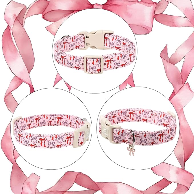 Girl Dog Collar for Large Dogs - Cute Heart Bow Print Girly Dog Collars, Soft Adjustable Spring/Summer Holiday Female Dogs Collar with Quick-Release Buckle L