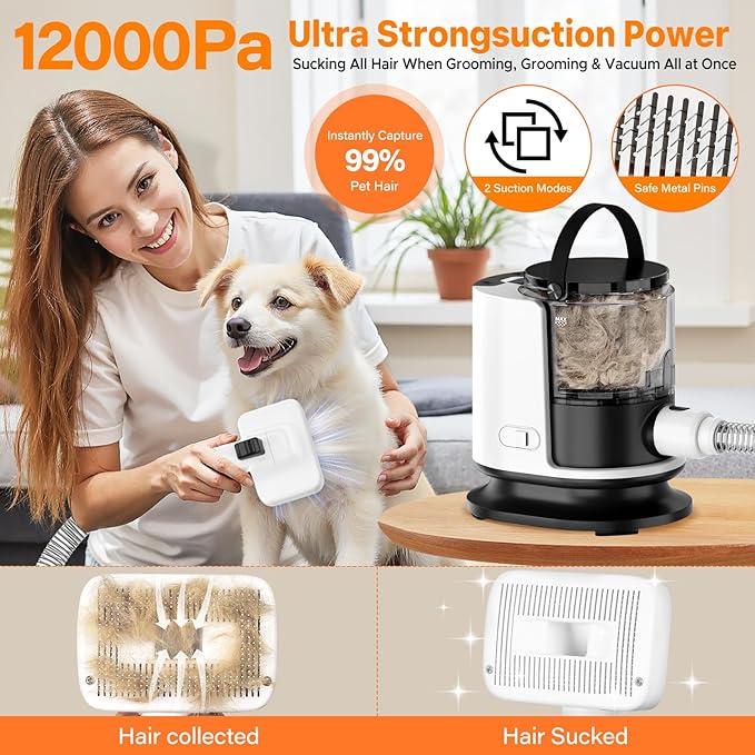 Dog Grooming Kit, 12000Pa Strong Pet Grooming Vacuum for Shedding with 5 Pet Grooming Tools for Dogs and Cats,1.5L Large Capacity, Black (Black)