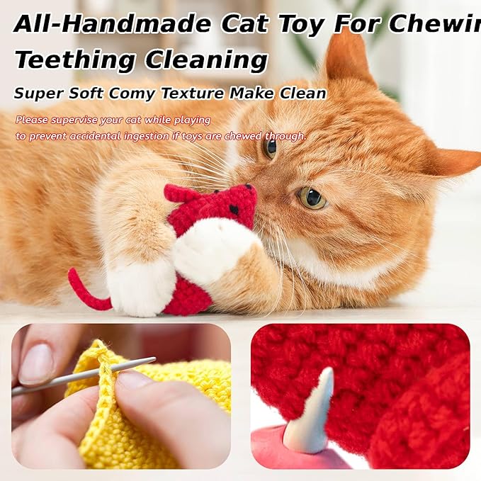 Retro Shaw Catnip Toys Crochet Mouse, 6 Pcs Yarn Cat Nip Mice Safe Teeth Cleaning Chew Toy for Indoor Kittens Kitty, Interactive Catnip Cat Kicker Toys