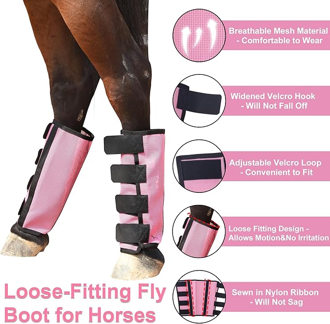 Adjustable Horse Fly Boots Set of 4, Breathable Mesh Fly Boots for Horses, Equine Leg Protection Reduce Stomping, Horse Leggings Leg Guards