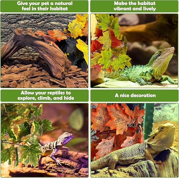 kathson Reptile Terrarium Plants Hanging Artificial Plants Lizards Habitat Decorations with Suction Cups Pets Tank Fake Green Plastic Silk Cloth Ornament for Amphibians Bearded Dragon(4PCS, Style A