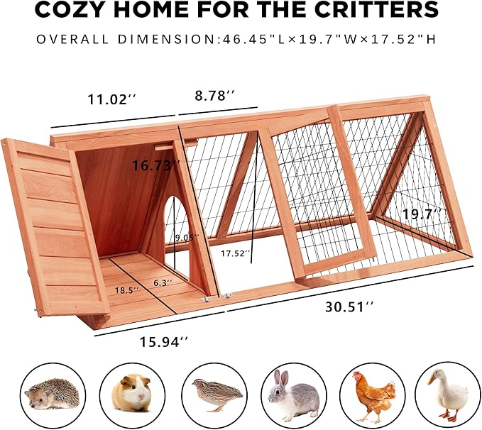 Wooden Chicken Coop, Quail Cage,Small Rabbit Hutch Cage Hybrid - A-Frame Design with Water-Resistant Slanted Roof &Ventilated Wire Run - TenaoVilleux (Natural Wood)
