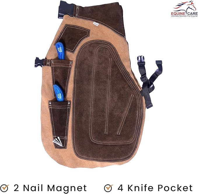 Equine Care Farrier Apron Chaps – Cowhide Suede Leather, Foam Padded Thigh and Back Support, Adjustable Waist, Tool Pockets, Magnetic Nail Holders (25 inches (65 cm))