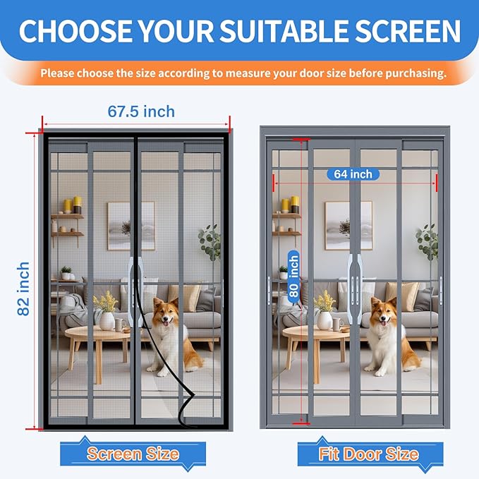 Upgraded PET Mesh Magnetic Screen Door Stronger Than Fiberglass and Polyester,Hands Free,Keep Bugs Out,Pet & Kid Friendly,Suitable for Sliding Doors,Patio and French Doors-64" X 80"
