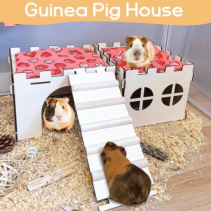 2PCS Guinea Pig Hideout,Large Wooden Guinea Pigs House with Stairs and Mats,Detachable Guinea Pig Castle Hide for Small Animals Hamster Chinchilla Ferret Habitats Accessories