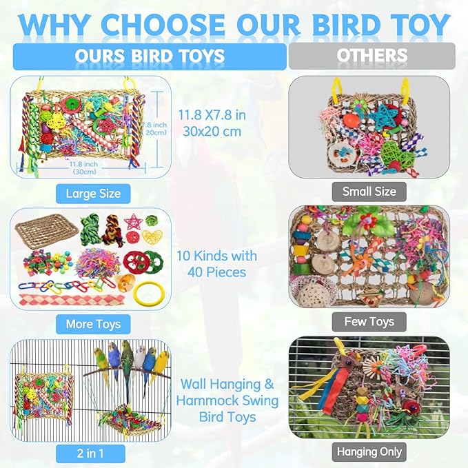 Bird Toys, Large Size Parrot Toy, Parakeet Toys for Bird Foraging Conure Hammock Swing,Grass Mat with Colorful and Various Chew Toys for Climb, Shredder, for Cockatiel, Lovebird(Large)