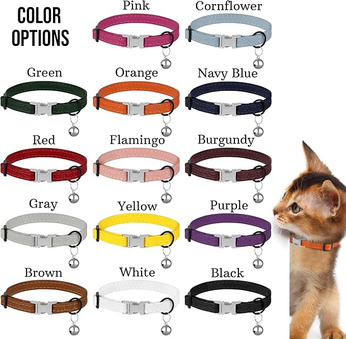 Leather Cat Collar with Buckle and Removable Bell - Non Breakaway Adjustable Soft Safety Small Pet Collars for Girl Boy Cats Kitten (Cornflower)