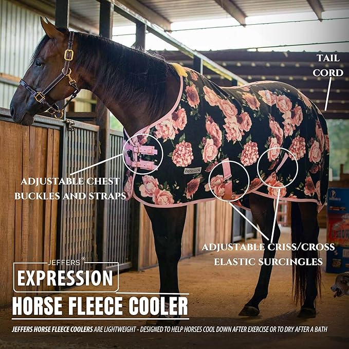 Jeffers Expression Fleece Cooler for Horses, Standard Neck, Rose Garden 66"- Equine Towel Blanket, Moisture Absorbent, Light Weight, Best for Drying, Exercise, Bathing, Adjustable Belly Bands