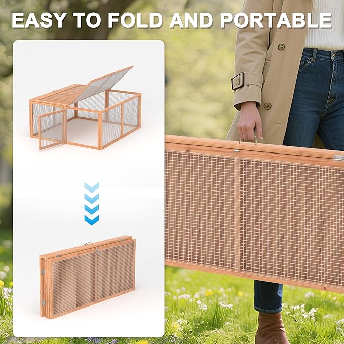 Portable Chicken Coop Run, Rabbit Hutch with Top & Side Opening Doors, Folding Wooden Rabbit Cage for Guinea Pigs, Bunny, Rabbit, Hedgehog, Small Animal Outdoor (Logs)
