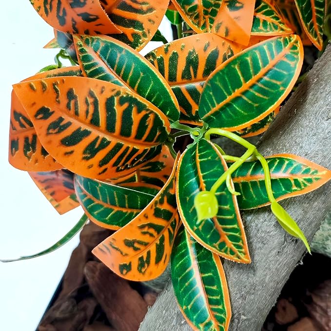 Woyrise 2 Pack Reptile Plants, Terrarium Hanging Plant Vines, Artificial Leaves with Suction Cup, Bearded Dragon Tank Accessories for Gecko Lizard Snake Frog Tortoise Decorations - Codiaeum Variegatum