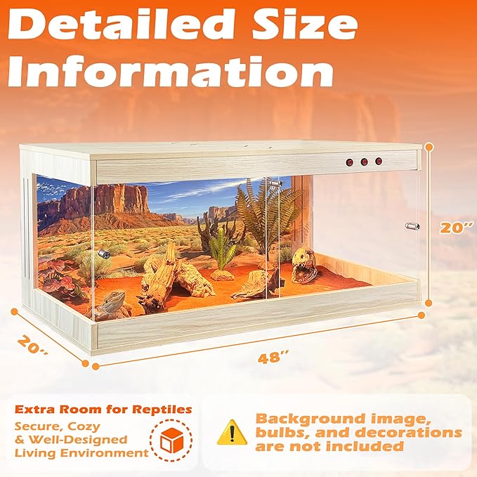 Royxen Tempered Glass Reptile Tank 80 Gallon,Reptile Enclosure with Metal Mesh Top and Lockable Design, Bearded Dragon Tank for Lizard Habitat,48"x20"x20", Oak