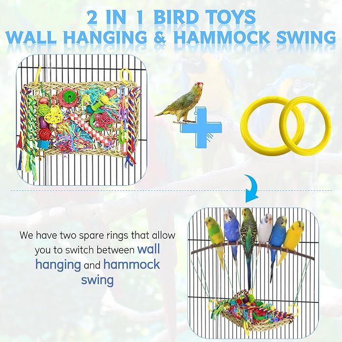 Bird Toys, Large Size Parrot Toy, Parakeet Toys for Bird Foraging Conure Hammock Swing,Grass Mat with Colorful and Various Chew Toys for Climb, Shredder, for Cockatiel, Lovebird(Large)