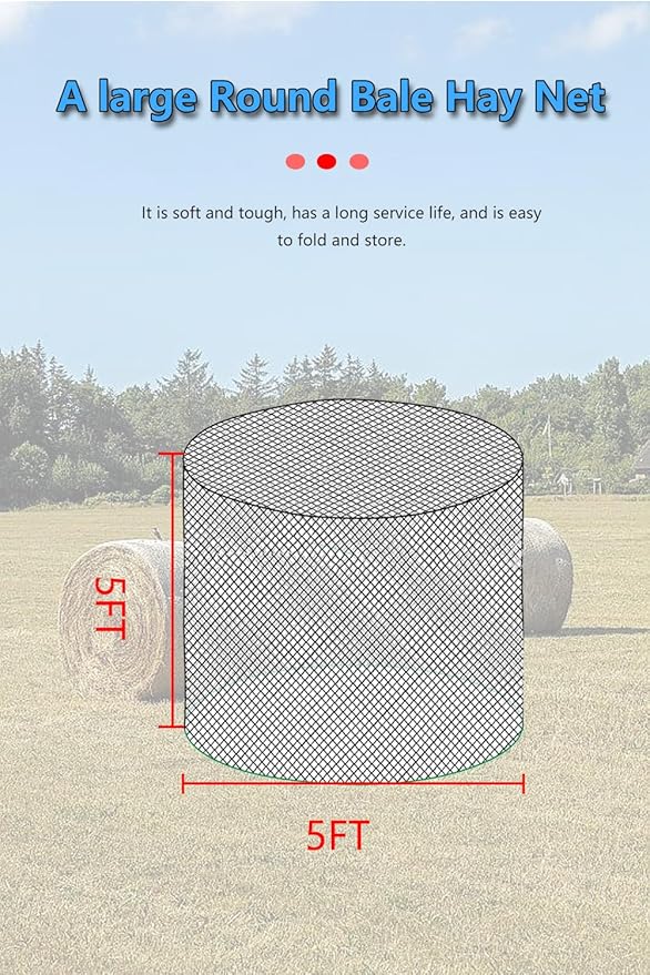 5 * 5ft Heavy Duty Slow Feeding Horse Hay Net - 1.75-inch knotless Design Saves 60% hay, 800 lbs Weatherproof Round Bale Feeder for Cattle/Goats/Sheep (5ft)