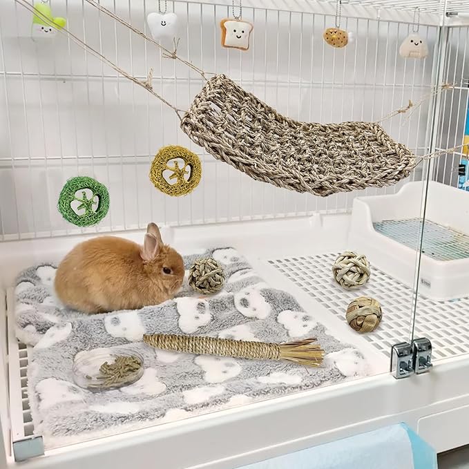 Hamiledyi Rabbit Seagrass Activity Mat Bunny Toy Hanging Rabbit Chew Toys for Teeth Enrichment Toys Seagrass Protector Mat Small Animal Toys for Chinchilla Guinea Pig Hamster Rat Rodent