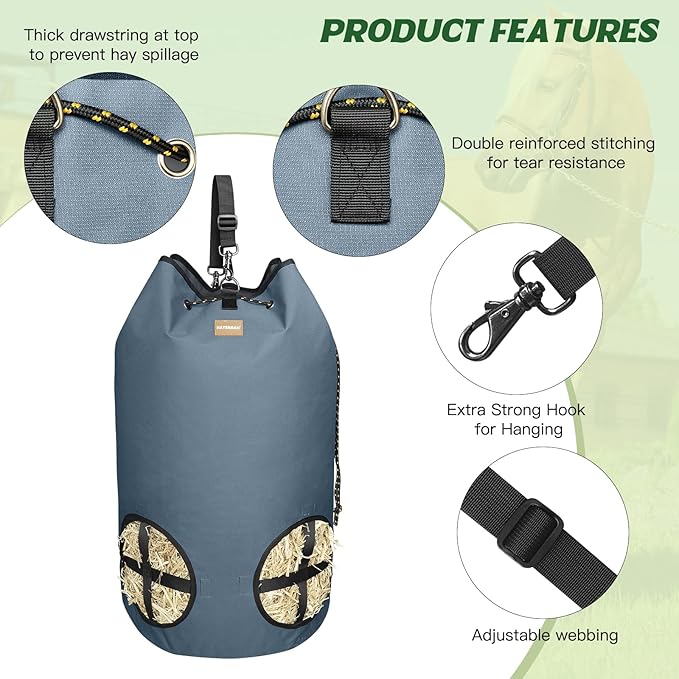 Hay Bags for Horses,4 Holes Slow Feeder Hay Bags for Goats,Sheep,Donkeys,Large Capacity Hay Feeder with Adjustable Top Opening for Easy Filling(Grey)