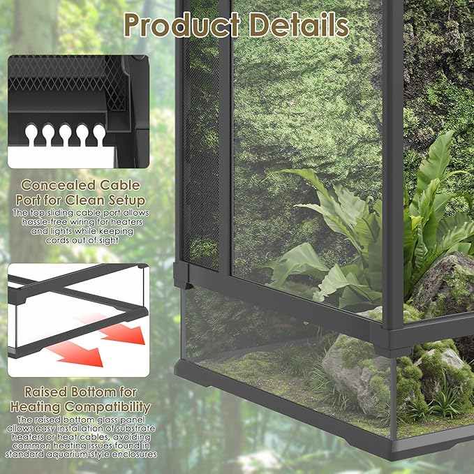 Erinnyees 67 Gallon Reptile Terrarium with Top Screen Ventilation, Snake Habitat with Heating Pad Space, Front Opening Reptile Vivarium with Sliding Cable Outlet for Leopard Geckos, Snakes, Turtles