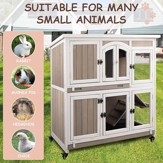 PetsCosset 42.7" L Rabbit Hutch Indoor Outdoor 2-Story Rabbit Cage with 4 Wheels,Guinea Pig Cage Bunny Hutch with 2 Pull Out Trays,Bunny Cage with Asphalt Roof for Small to Medium Animals