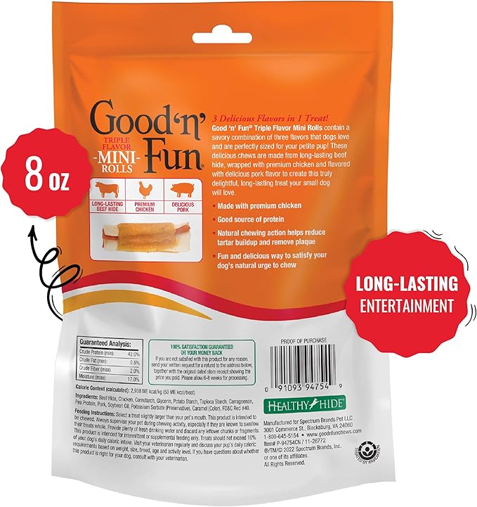 Good 'n' Fun Triple Flavor Mini Rolls, 8 Ounce, Treat Your Small Dog to a Long-Lasting Rawhide Chews