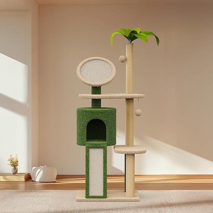 Erinnyees 57" Coconut Cat Tree for Indoor Cats, Multi Level Cat Tower with Plush Condo, Spacious Platform, Sisal-Covered Scratching Posts, Cat Activity Center with Hang Ball Toy, Pet Furniture, Green