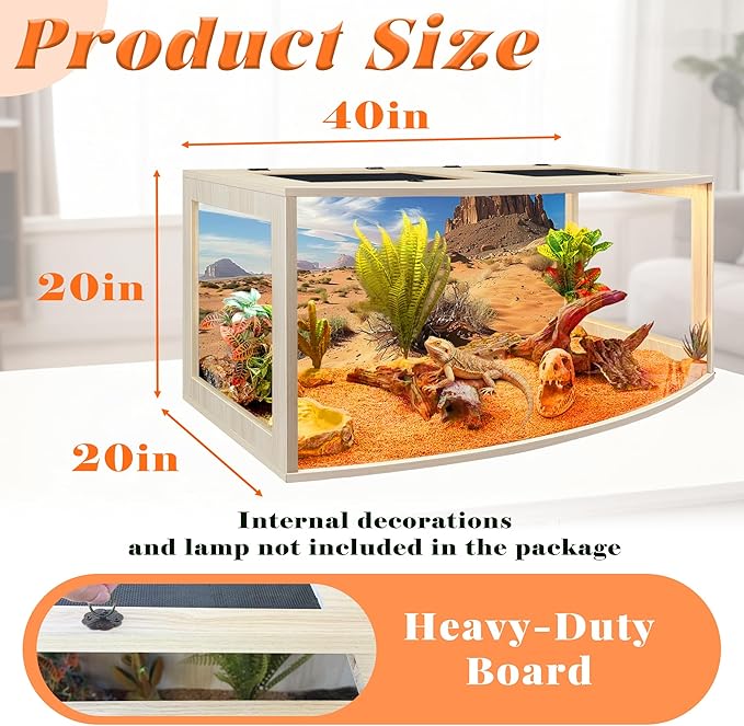 PROLEE Bearded Dragon Tank, Curved Reptile Enclosure with 3-Side Clear Acrylic Panels, Spacious Lizard Tank with Metal Mesh Top and Lockable Door for Reptile Habitat (Oak, 40" Length,60 Gallons)