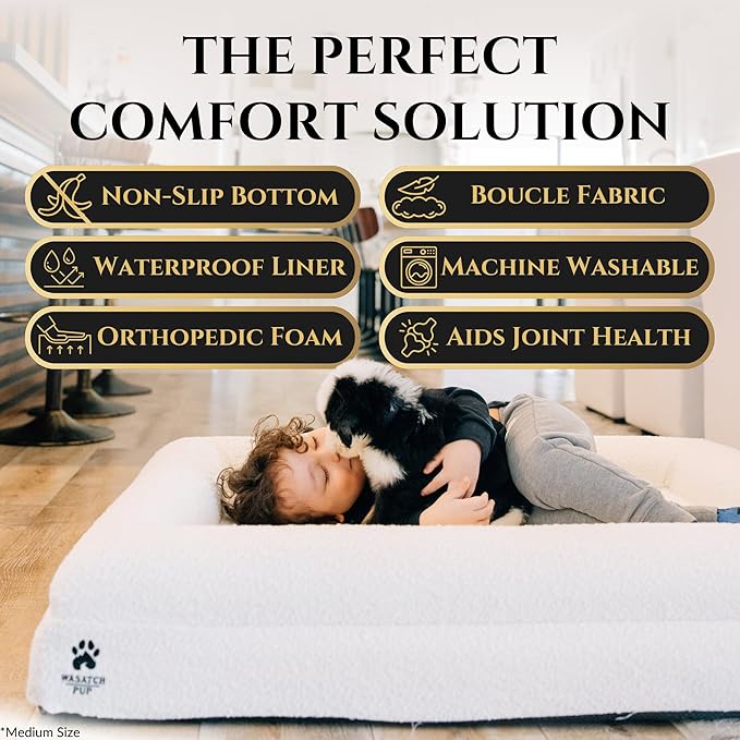 Luxury Boucle Fabric Orthopedic Large Dog Bed with Memory Foam | Breathable Comfort & Washable Dog Couch Bed with Waterproof Liner & Cover | Ideal Pet Beds for Big Dogs - Charcoal 45"x36x7