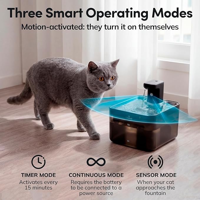 Cat Water Fountain Cordless, 88oz/2.6L Wireless Pet Water Fountains for Cats Indoor, Battery Operated Cat Drinking Fountain with Motion Sensor, Ultra Quiet Pump, BPA-Free, Black