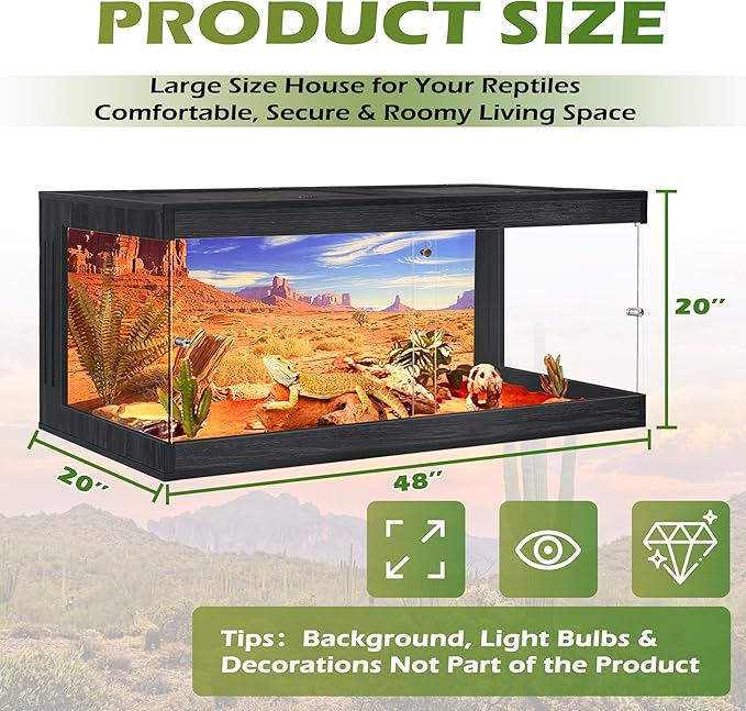 Royxen Bearded Dragon Tank, Tempered Glass Reptile Terrarium with Metal Mesh Top, 3-Side Clear Anti-Scratch Glass Lizard Tank for Reptile Habitat (Black, 82 Gallons,48" Length)