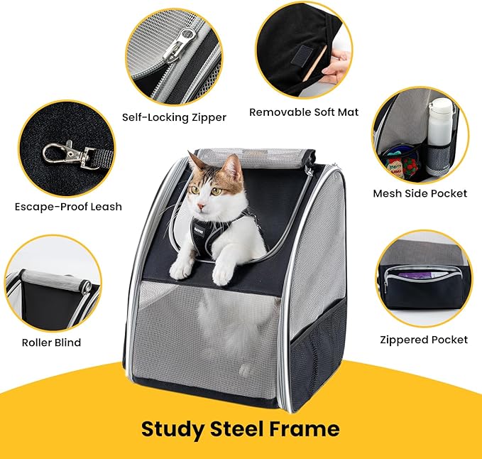 Cat Backpack Carrier for Small Dogs and Cats Fit Up to 15 Lbs,Small Dog Backpack, Foldable with 3-Side Mesh Windows, Pet Carrier for Travel & Hiking Friendly，Gray