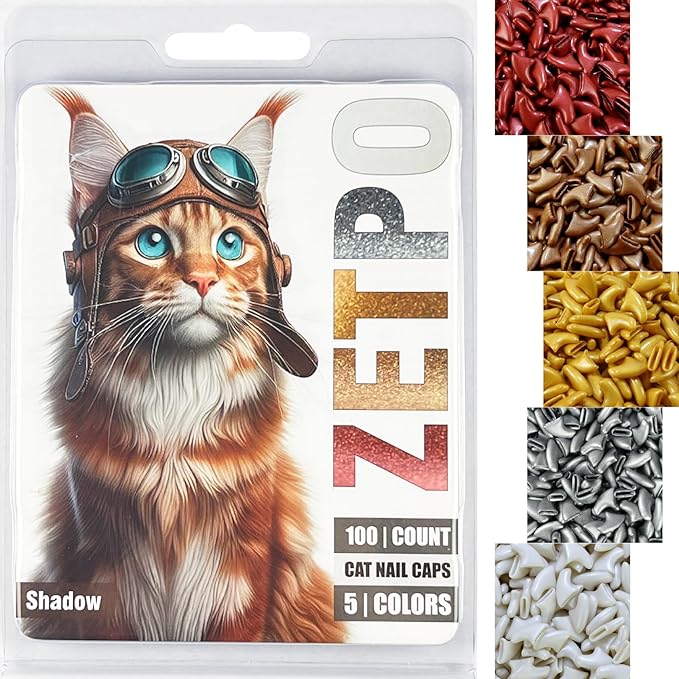 zetpo 100 pcs Cat Nail Caps | Cat Claw Covers | with Adhesives and Applicators (L, Metal Red, Bronze, Gold, Silver, Pearl White)