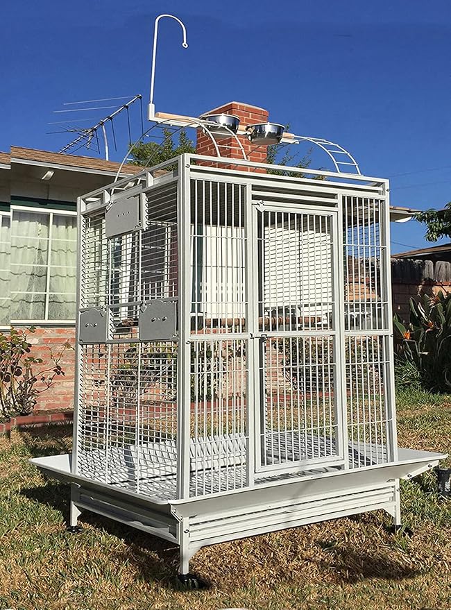 Huge XX-Large Double Ladders Open Play Top Wrought Iron Bird Parrot Parakeet Finch Macaw Cockatoo Rolling Cage Include Metal Trays Around Seed Guard and Toy Hook