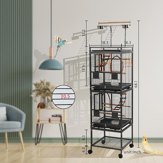 68" Double Bird Cage,Stackable Divided Parakeet Cage, Parrot Cages for Medium Birds with Bird cage Cover,Birdcage Seed Catcher,for Cockatiels Canaries Lovebirds Finches Budgies Small Parrots