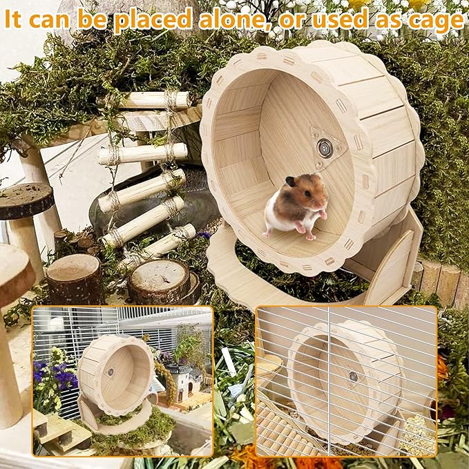 Hamiledyi Wooden Hamster Wheel, Small Pets Exercise Wheel, Silent Running Wheel for Gerbil, Mice, Guinea Pigs, Dwarf Syrian Hamster (7.48in)